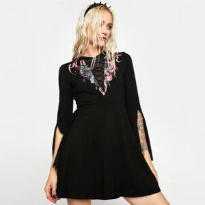 Punk Rave Black V-Neck Gothic Hooded Mini Dress in Black